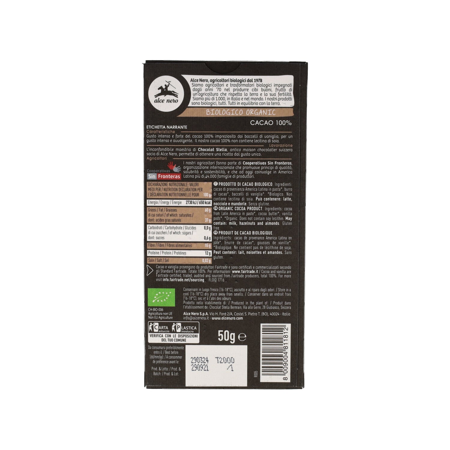 ALCE NERO TAVOLETTA CIOCCOLATO EXTRA FONDENTE 100% 50G