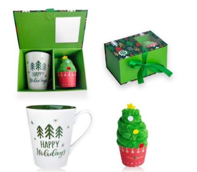 HAPPY HOLIDAYS GIFT BOX HANDY MUG + TOVAGLIETTA MUG CERAMICA 400ML