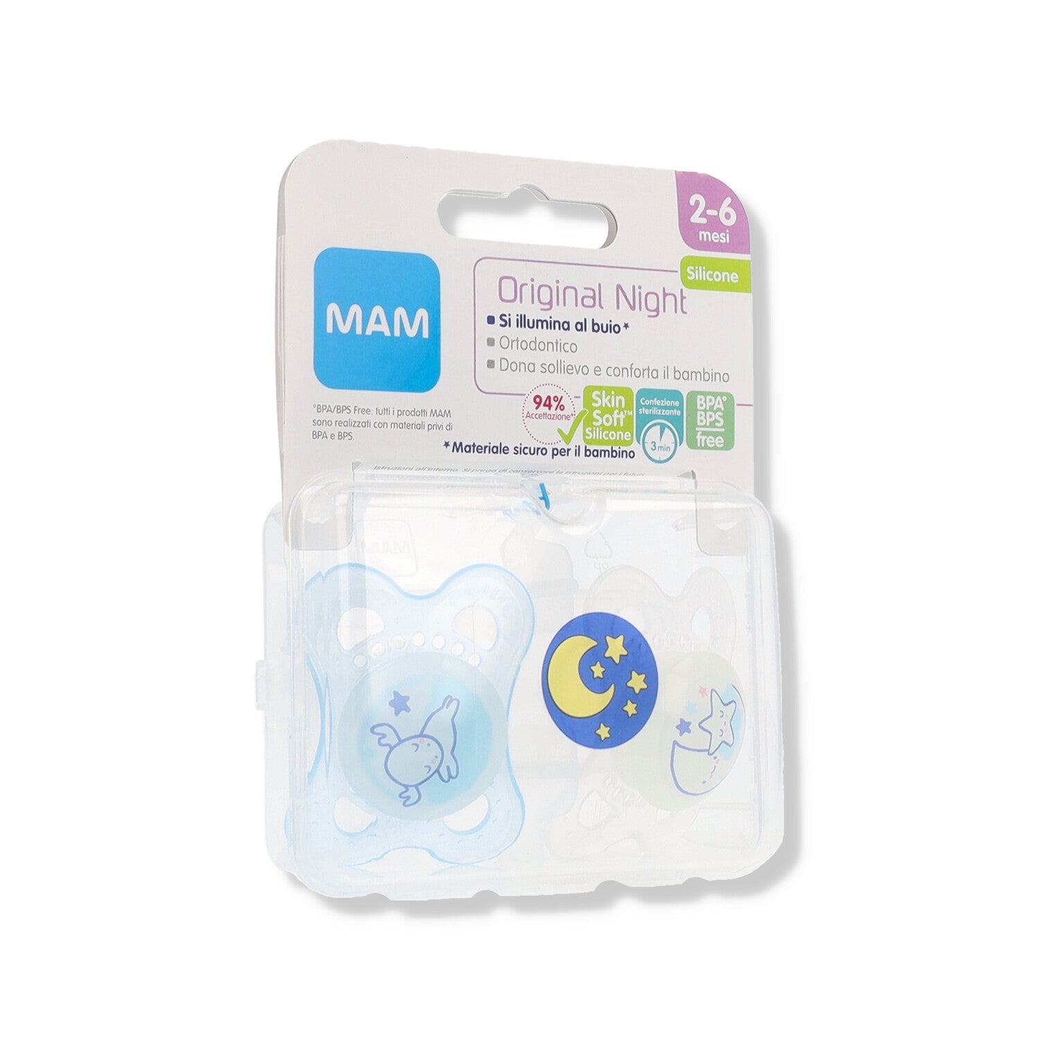 MAM NIGHT SUCCHIETTO 2-6 MESI SILICONE DOPPIO MASCHIO