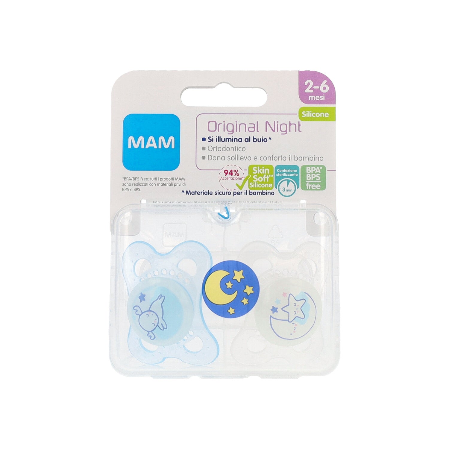 MAM NIGHT SUCCHIETTO 2-6 MESI SILICONE DOPPIO MASCHIO