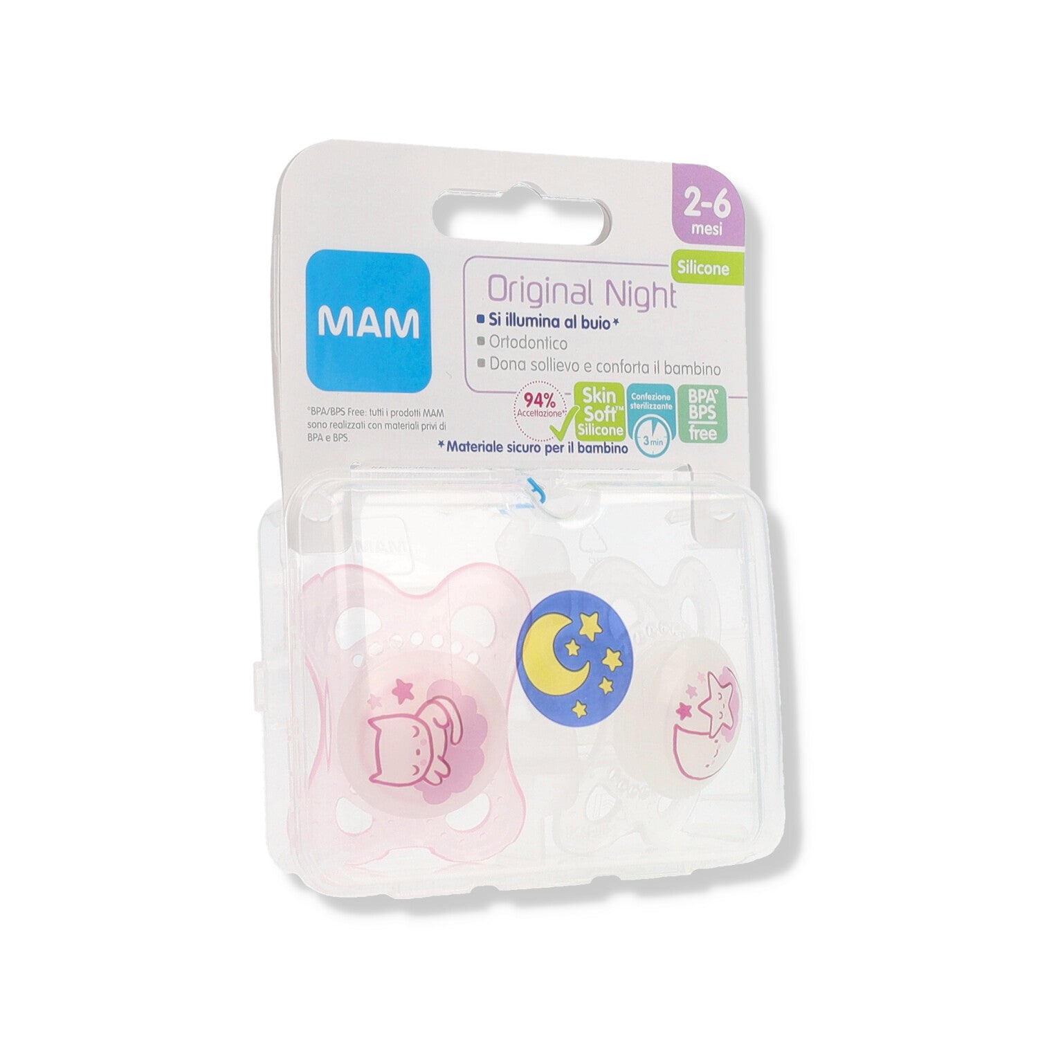 MAM NIGHT SUCCHIETTO 2-6 MESI SILICONE DOPPIO FEMMINA 2 PEZZI