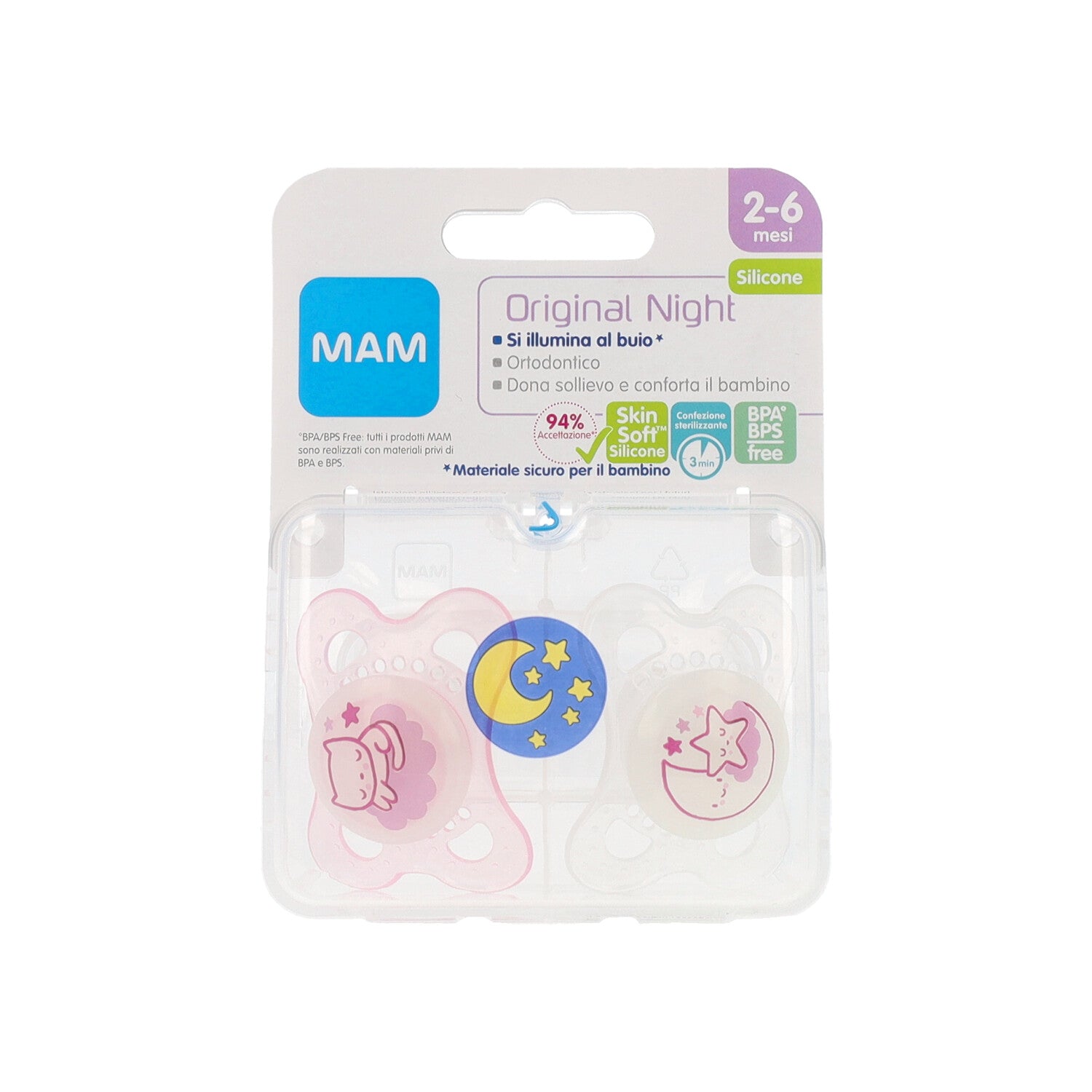 MAM NIGHT SUCCHIETTO 2-6 MESI SILICONE DOPPIO FEMMINA 2 PEZZI
