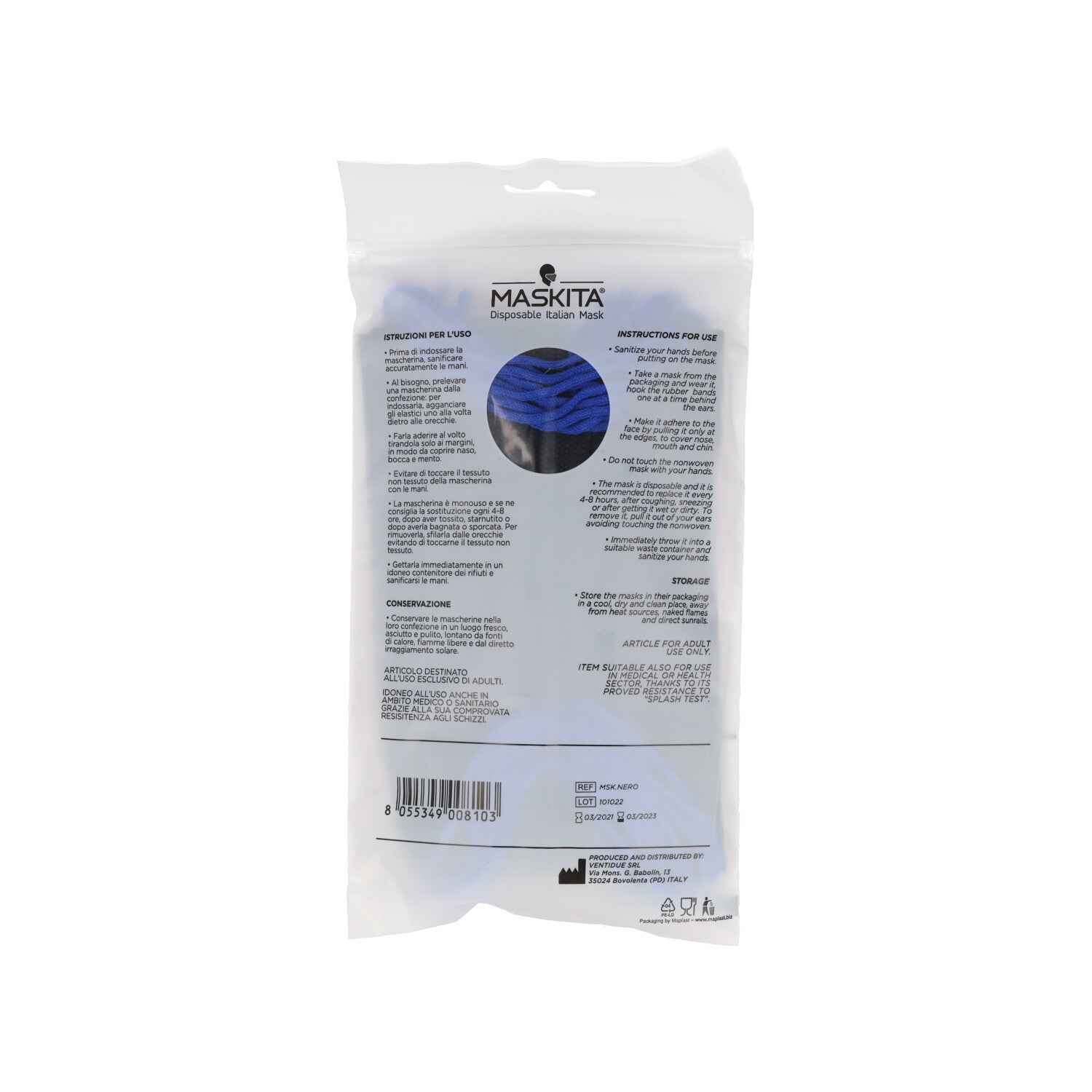 MASCHERINA 3 VELI 10 PEZZI NERA/ELASTICI BLU ROYAL MASKITA - DM