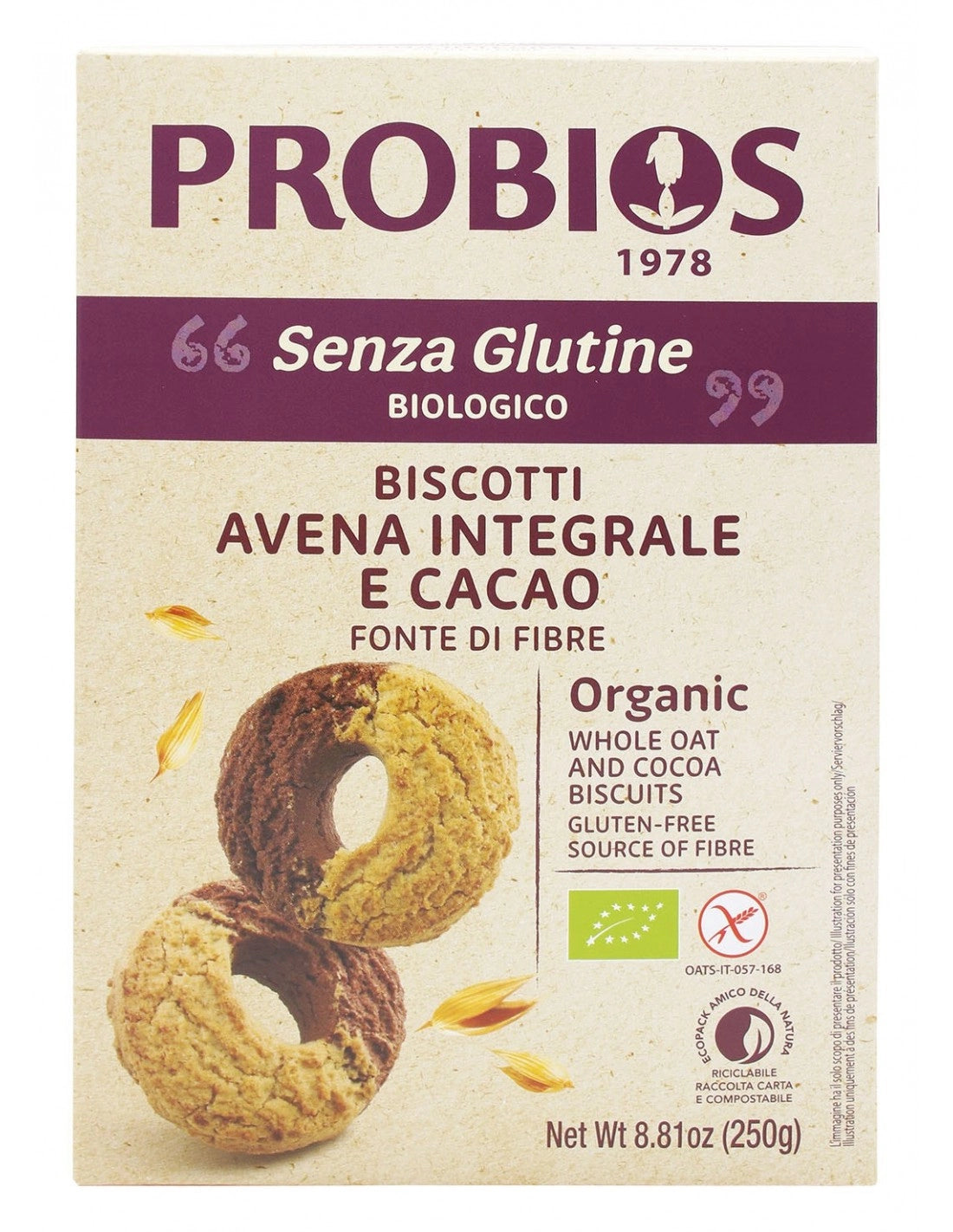 BISCOTTI AVENA INTEGRALE E CACAO S/GL 250GR PROBIOS